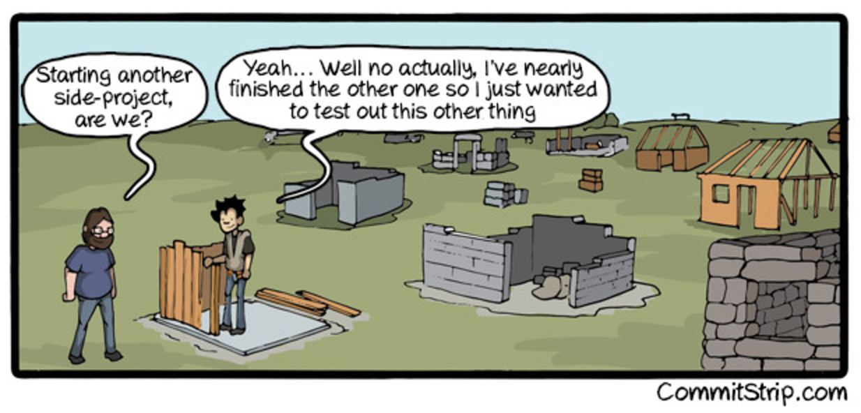 Comic with two men where one man is building a house with in the background a lot of other unfinished houses.